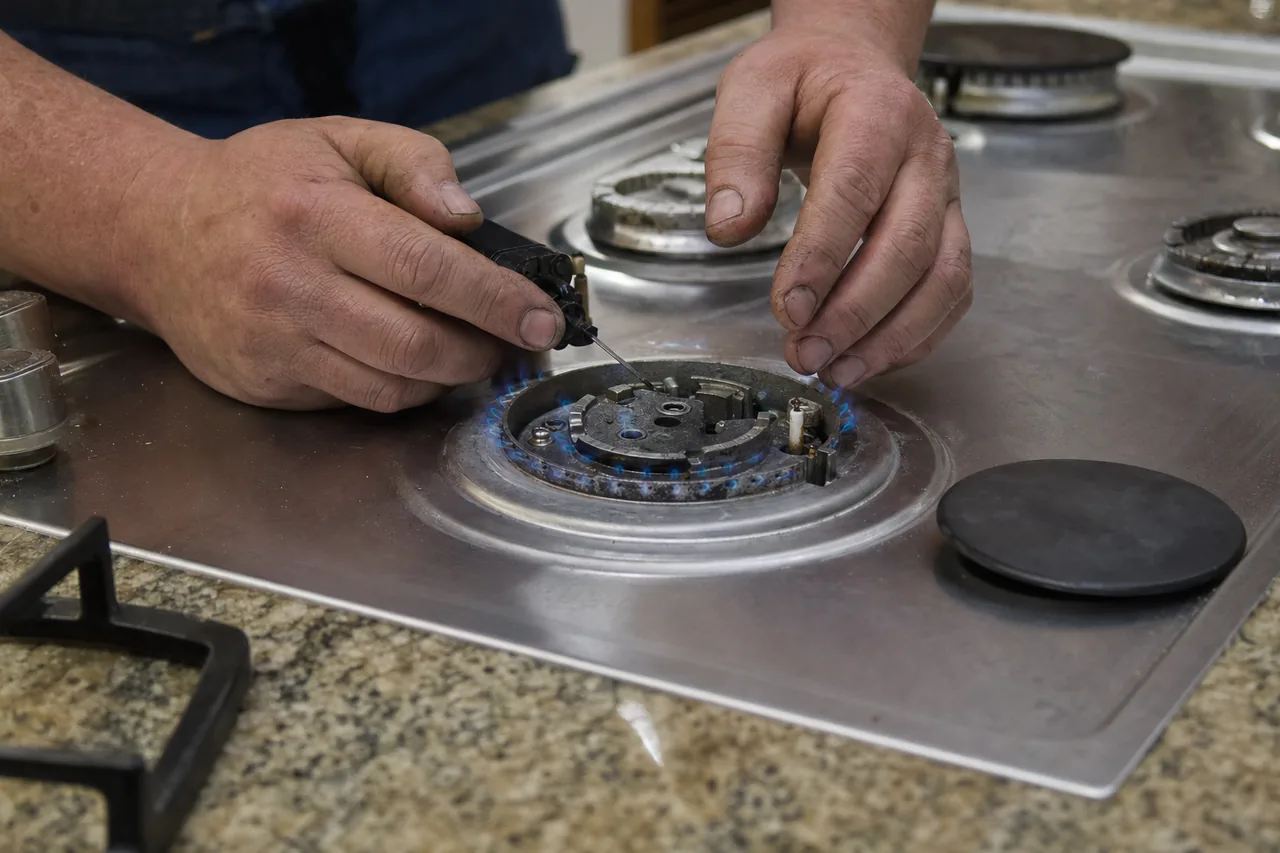 A gas cooktop burner running with its cap lifted off while the igniter is adjusted by hand