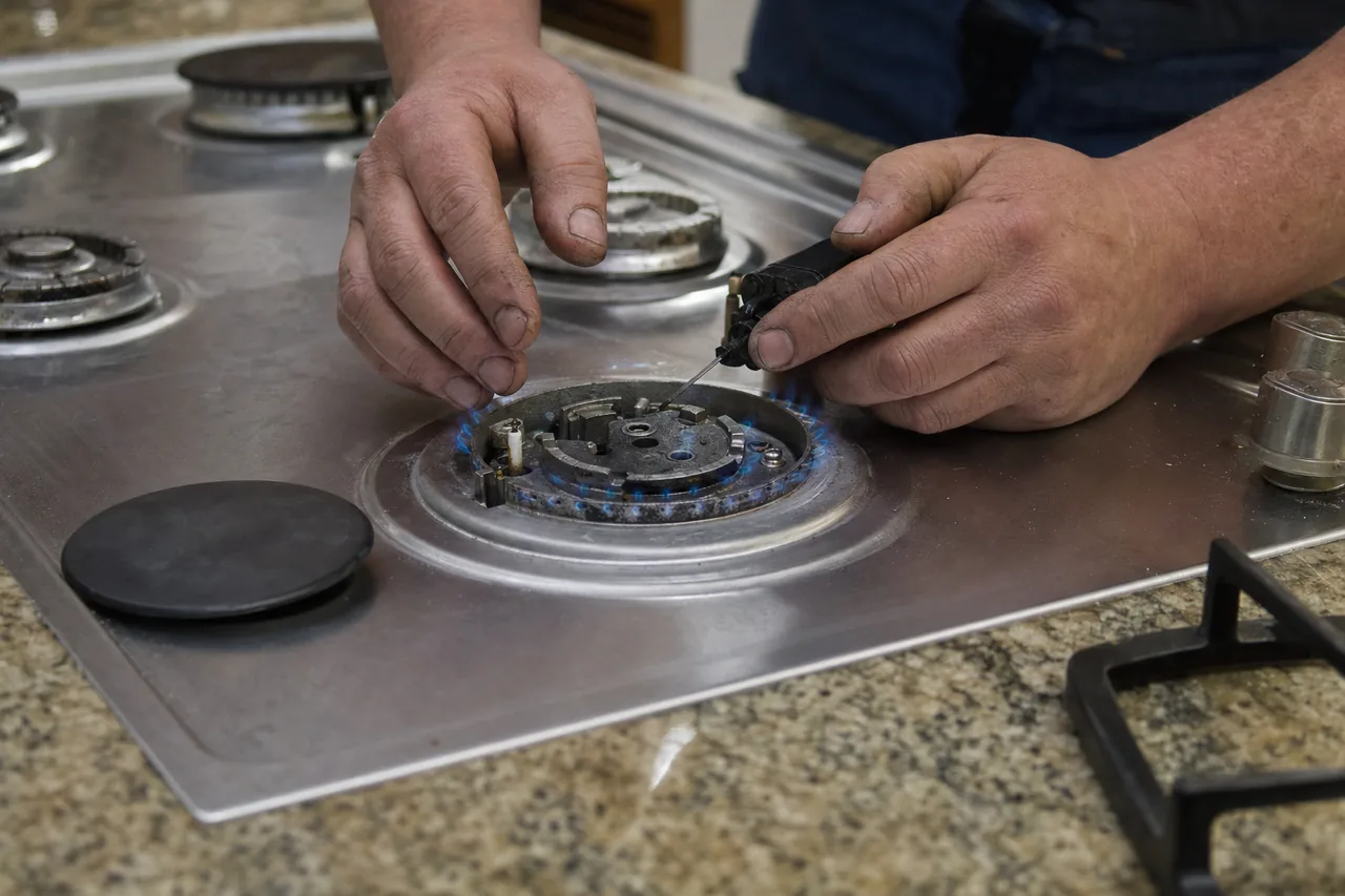 Hands working at a sealed gas burner on a stainless cooktop, the flame ring even across the ports