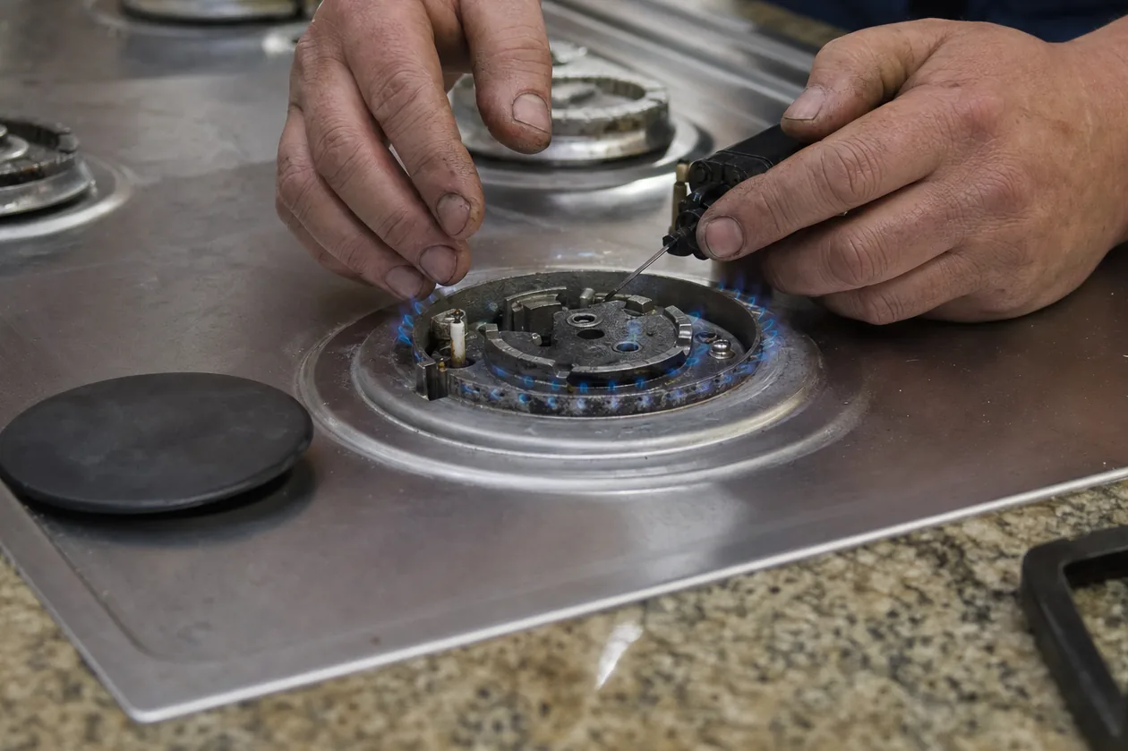 A gas burner at full flame on a cooktop, the heat and grease load a hood has to carry away