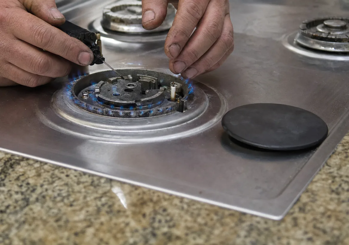 A gas cooktop with one burner lit and a cast-iron grate set aside on the counter