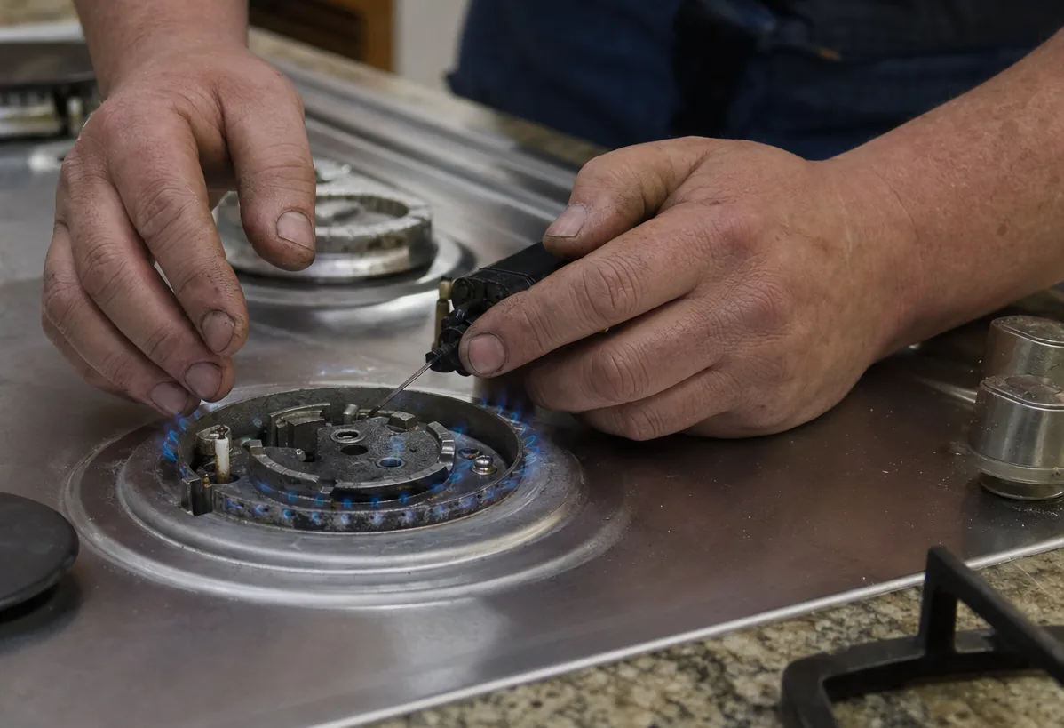 Hands at a cooktop burner mid-adjustment, a grate lifted off to the side