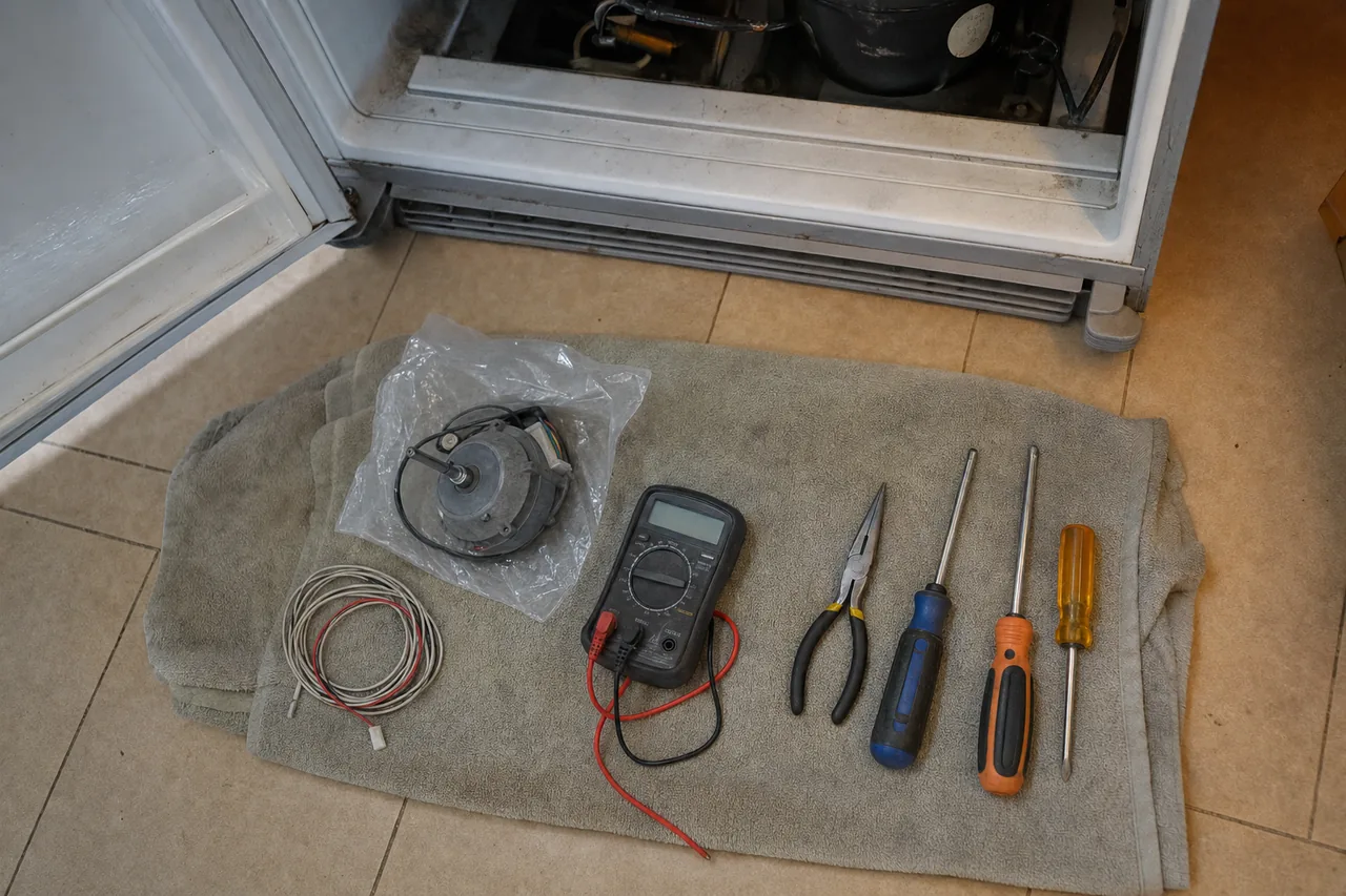 A refrigerator opened at the base, the compressor visible behind a row of tools on the floor