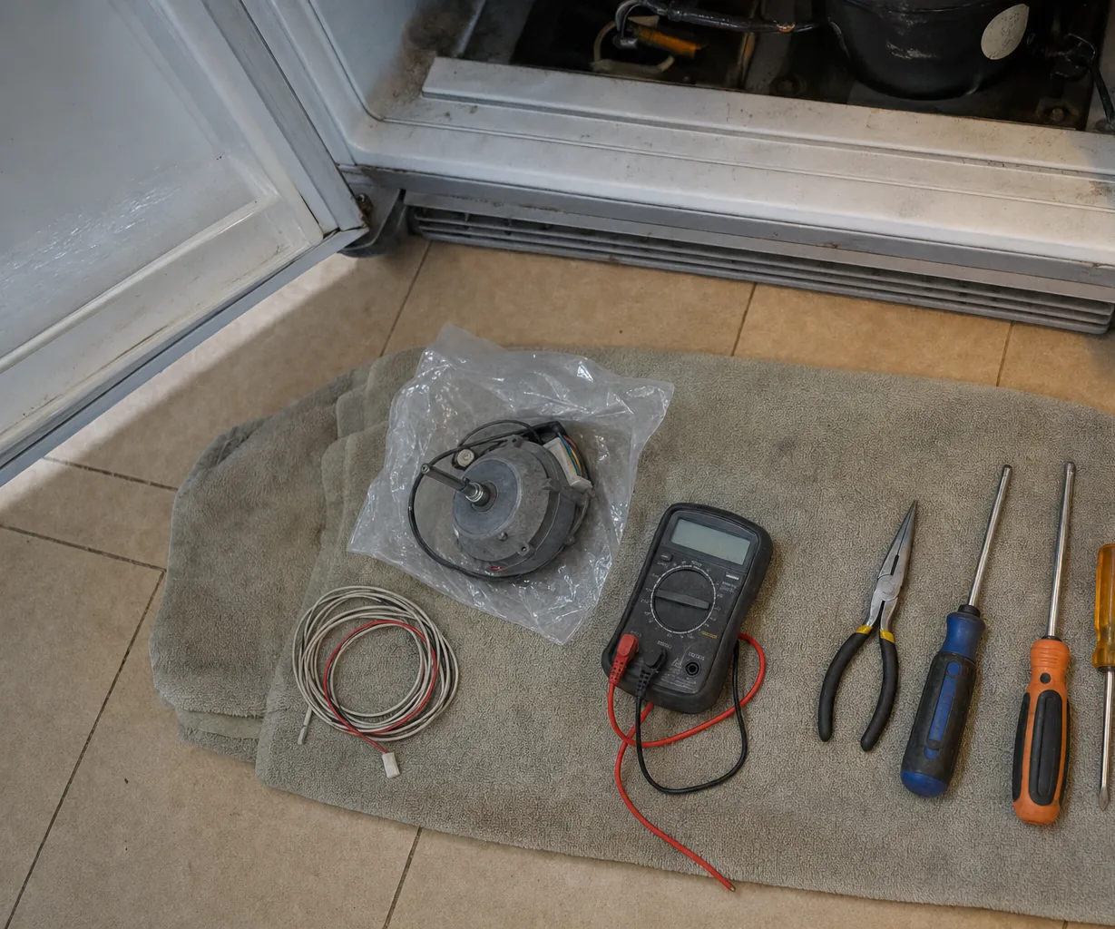 A digital multimeter with its leads run out across a work towel on the kitchen floor