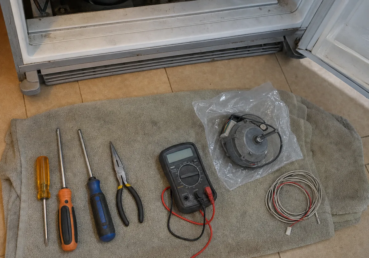 A tool roll laid out on a towel beside an open refrigerator at the start of a visit