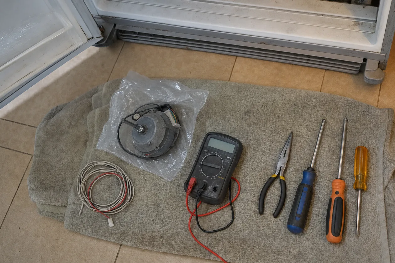 Hand tools and a meter set out on a floor towel next to an appliance opened at the plinth