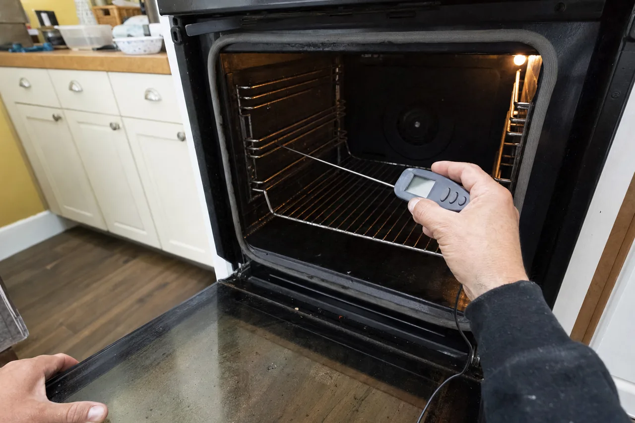 A digital thermometer probe laid across the centre rack of an open oven while the readout is held at the door