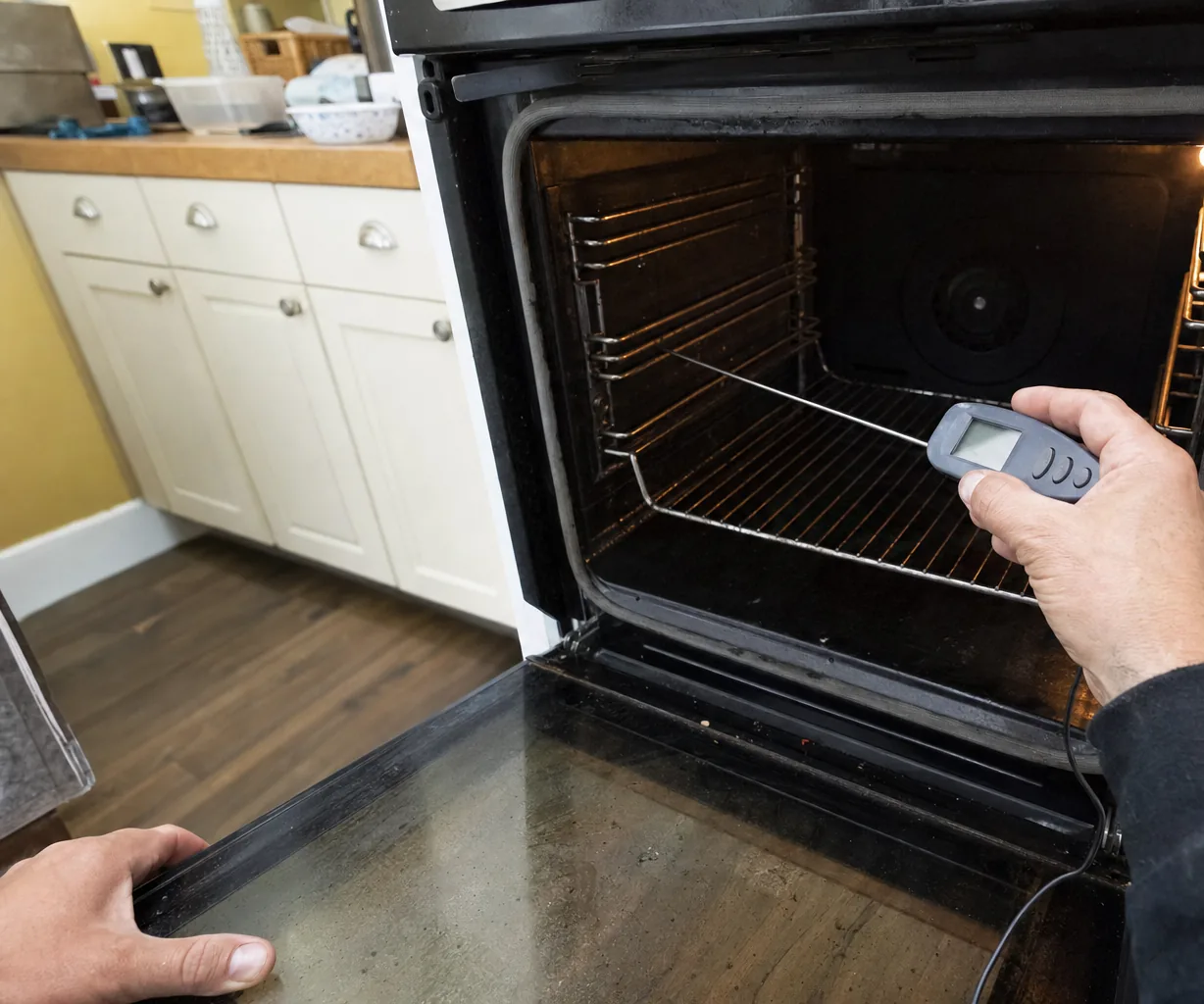An oven door down and a temperature probe on the centre rack, the reading taken by hand