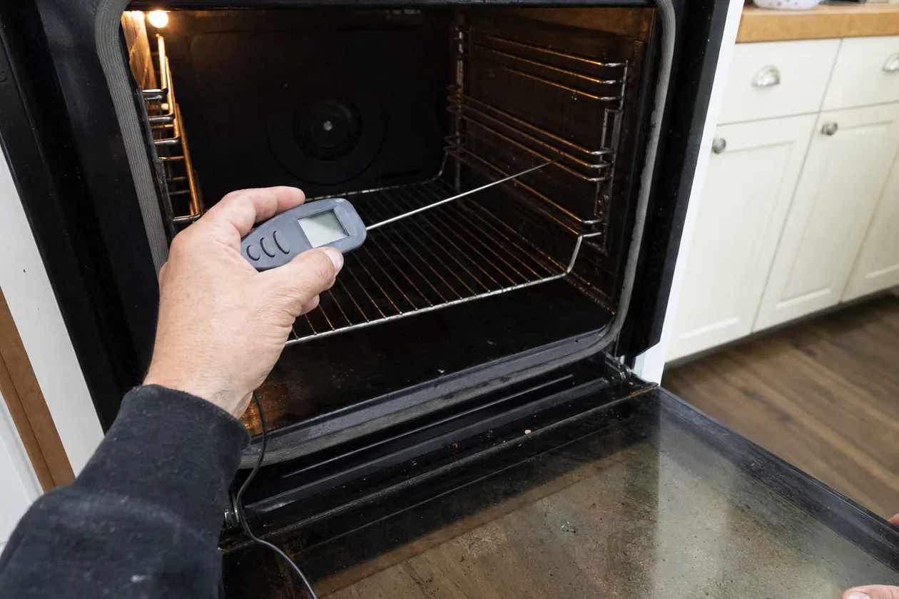 The empty cavity of an oven with a measuring probe resting on the centre rack
