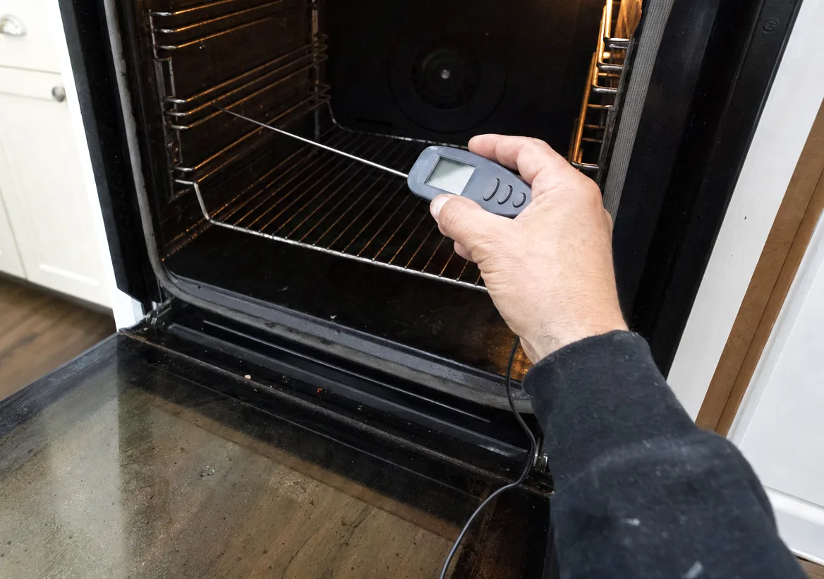 An oven open in a kitchen with a temperature probe placed on the middle rack
