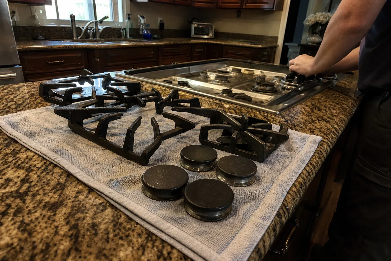 Three cast-iron grate sections and four round burner caps laid on a folded gray towel, a bare stainless gas rangetop and its burner bases just behind on a granite counter