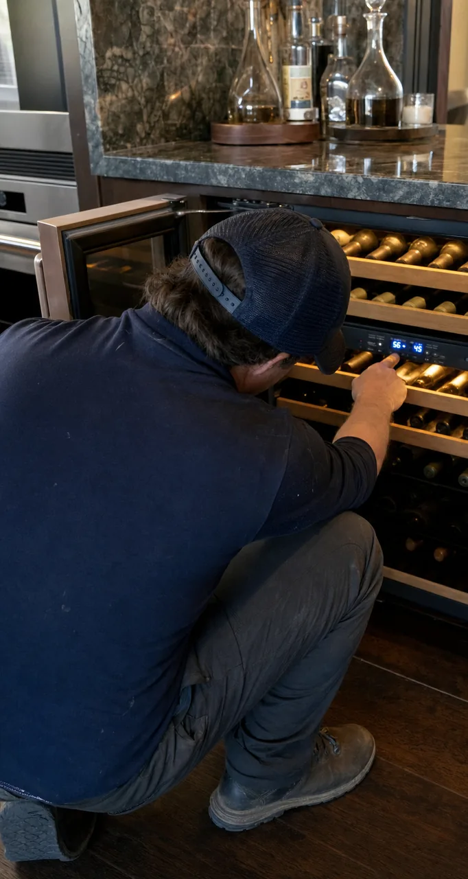 A hand at the control panel of a dual-zone wine cooler, both zone temperatures showing